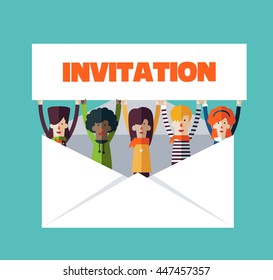 Group of happy smiling young people in a big envelope with a invitation card. Post letter, delivery service or e-mail vector concept
