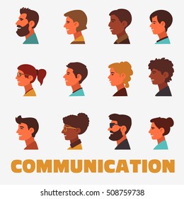 Group of happy smiling young people. Male and female faces avatars in modern design style. Communication, assistance and connection vector concept