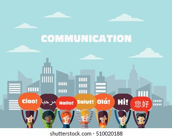 Group of happy, smiling young people with speech bubbles in different languages. Male and female faces avatars in modern design style. Communication, teamwork, assistance and connection vector concept