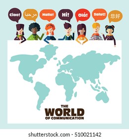 Group of happy, smiling, young people with speech bubbles in different languages. World map banner. Communication, assistance, partnership, cooperation, collaboration and teamwork vector concept