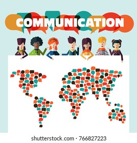 Group of happy, smiling, young people with speech bubbles. World map banner. Communication, assistance, partnership, cooperation, collaboration and teamwork vector concept