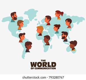 Group of happy smiling young people speaking together. Male and female faces avatars in modern design style over world map. Communication, teamwork, assistance and connection vector concept