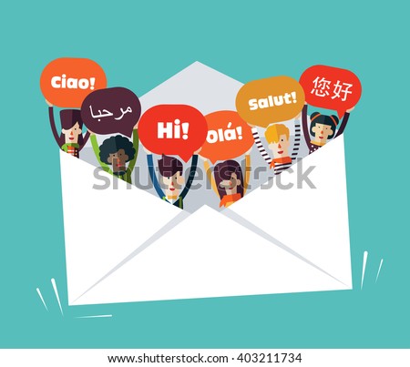 Group of happy smiling young people with speech bubbles in different languages in a big envelope. Male and female faces avatars design style. Communication, teamwork  and connection vector concept