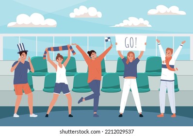 Group of happy sport fans with various attributes supporting team on stadium flat vector illustration