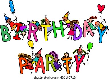 A group of happy stick children climbing over letters of the alphabet that spell out the words BIRTHDAY PARTY.
