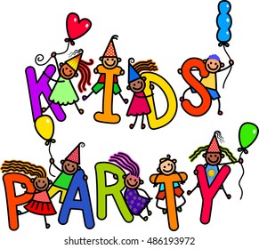 A group of happy stick children climbing over letters of the alphabet that spell out the words KIDS PARTY.