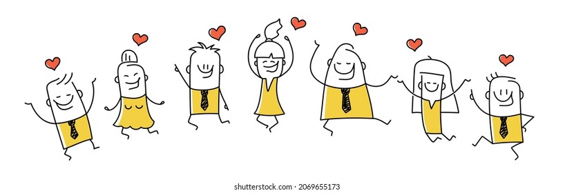 Group of happy stick figures in love jumping and enjoying the holiday with hearts around. Doodle style. Vector illustration.