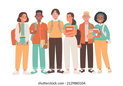 Group of happy students with backpacks and books in their hands. Boys and girls, school or college students together. Multicultural team of young people pupils on a white background. Vector illustr