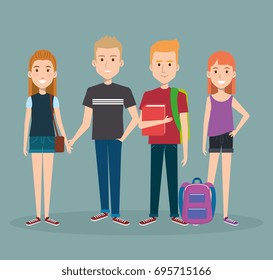 group of happy students with book backpacks characters