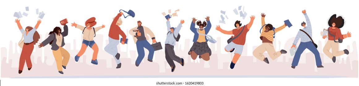 Group of happy students jumping with books, paper in hands. Young joyful jumping and dancing multiracial student people with raised hands. Happy education, joyfull cheerful study, graduation concept