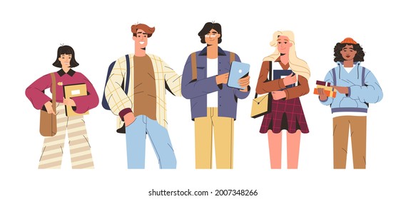 Group of happy students with study books, gadgets. Flat smiling multicultural teenagers together in modern clothes with backpacks. University young people or school friends of different nationalities.