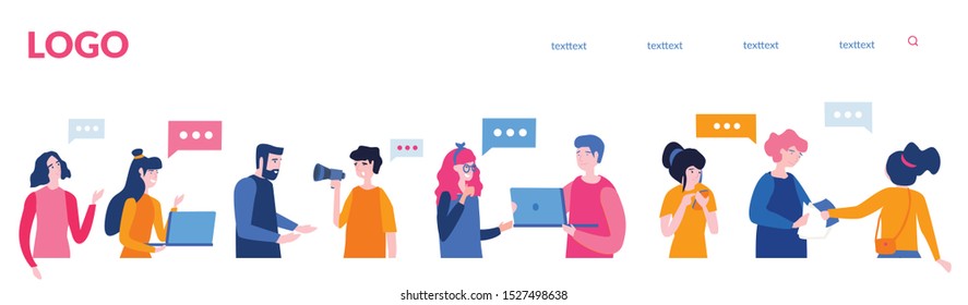 Group of happy students, teenager or office workers,  Young girls and boys holding papers and laptop. characters on white background. Vector illustration for web banner, infographics, mobile website. 