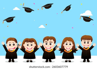 Group of happy students throwing caps for celebrating on graduation day. Congratulations
