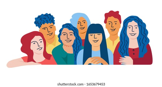 Group of happy students. Vector illustration in flat cartoon style.
