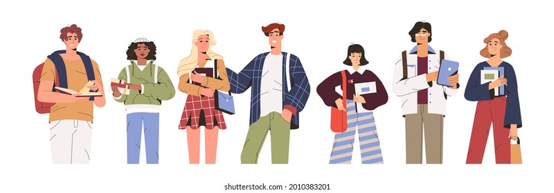 Group of happy students, young people hold gadgets and study books. School or university friends of different nationalities together. Flat smiling multicultural teens in casual clothes with bags.