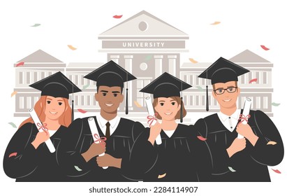 Group of happy students-graduates wearing an academic gown and holding a diploma against the backdrop of the university. University building in traditional architecture. Vector illustration