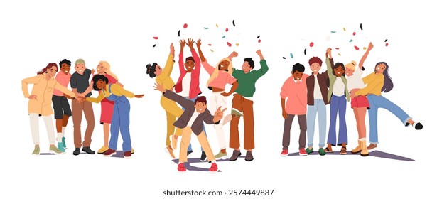 Group of happy teenagers celebrating holiday, partying or clubbing together showcasing friendship and bonding. Cheerful energetic young diverse multiethnic people feeling joyful vector illustration