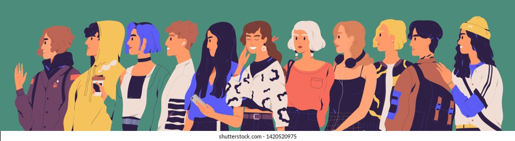 Group of happy teenagers, students, pupils or millennials. Portrait of stylish smiling teenage boys and girls standing in row or line. Young generation. Flat cartoon colorful vector illustration.