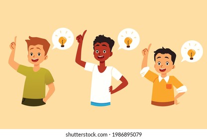 Group of happy thinking kids boys with light of ideas. Concept of education, inspiration and solution of problems. Flat cartoon vector illustration.