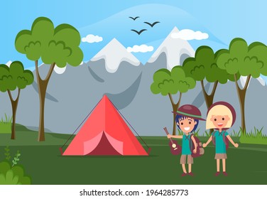 Group of happy tourists or backpackers standing beside tent. Camping in forest, adventure tourism, backpacking, bushcraft. Guitar scouts come for picnic, on nature hike. Children near tent in forest