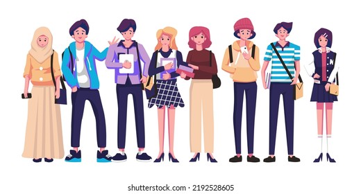 Group of happy university students with study books and gadgets