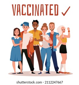 Group of happy vaccinated people stand showing bandage on their arms. Covid vaccine poster, young male and female are ready to receive their vaccination certificate or pass. Vector illustration.