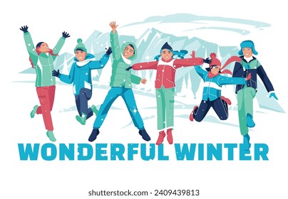 Un grupo de felices niños de invierno están saltando al fondo de montañas nevadas. Campamento infantil de invierno. Actividades al aire libre en invierno. Ilustración plana del vector