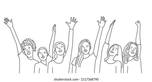 Group of happy woman with hands up. Hand drawn vector illustration. Black and white.