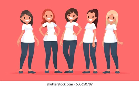 Group of happy women in casual clothes on a pink background. Vector illustration in a flat style