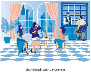 Group of Happy Women Characters Dressed in Elegant Clothing Sitting at Table in Bar, Talking and Drinking Alcoholic Beverages. Friends Having Fun at Pub Together. Cartoon Flat Vector Illustration