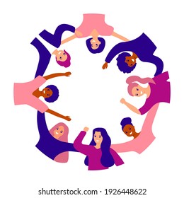 Group of happy women of different ethnicity are standing in circle, hugging together, support. International womens day. Female empowerment movement. Girls friendship, communication, unity. Vector