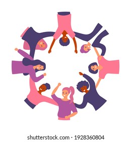 Group of happy women of different ethnicity are standing in circle, hugging together, support. International womens day. Female empowerment movement. Girls friendship, communication, unity. Vector