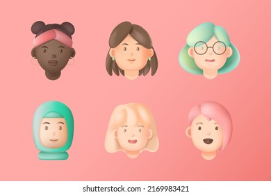 Group of happy women of different nations. Faces and avatars. 3D illustration in vector.