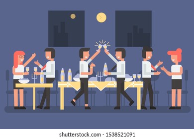 group of happy worker or officer have dinner party, holiday celebrating in office at night time, employee relax and have fun together with food on table. cartoon character flat vector illustration.