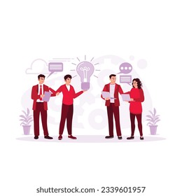 A group of happy young business people meet their colleagues to discuss business in the office. concept of teamwork in the office. Trend Modern vector flat illustration