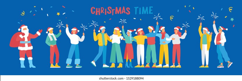Group of happy young fashion-dressed people celebrating the holidays and holding sparkles. Flat cartoon colorful vector illustration. Funny characters. 