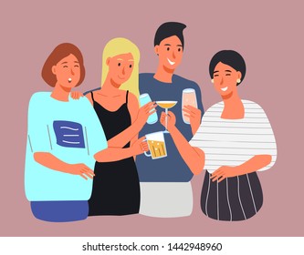 Group of happy young four people, carefree boys and girls clink and drink alcohol at a party. A joyful meeting of dear friends who celebrate together. Flat cartoon style.