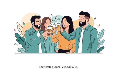 Group of happy young friends clinking glasses of cold beer together during a cheerful celebration party outdoors.