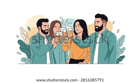 Group of happy young friends clinking glasses of cold beer together during a cheerful celebration party outdoors.