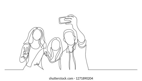 group happy young friends making selfie    one line drawing