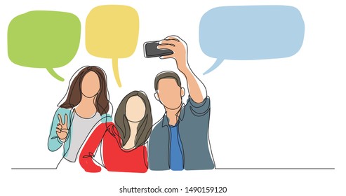 group of happy young friends making selfie with speech bubbles - one line drawing