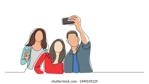 group of happy young friends making selfie - one line drawing