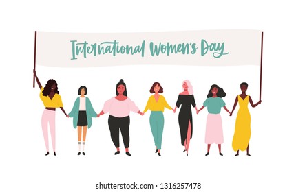 Group of happy young girls or feminism activists taking part in rally or parade and holding banner with International Women's Day inscription. Flat vector illustration for 8 march celebration.