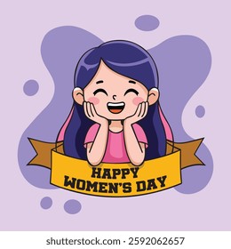 Group of happy young girls or feminist activists taking part in rally or parade and holding banner with International Women's Day inscription. Flat vector illustration for 8 march celebration.