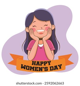 Group of happy young girls or feminist activists taking part in rally or parade and holding banner with International Women's Day inscription. Flat vector illustration for 8 march celebration.