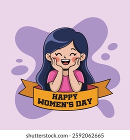 Group of happy young girls or feminist activists taking part in rally or parade and holding banner with International Women's Day inscription. Flat vector illustration for 8 march celebration.