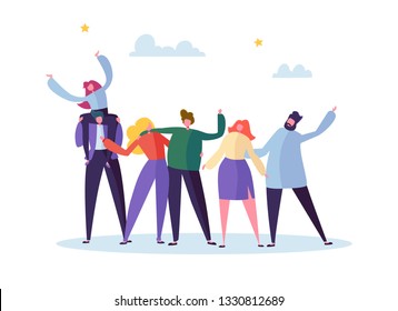 Group of Happy Young Male and Female Character Embracing Each Other. People Celebrate Important Teamwork Event. Emotional Joyful Friendship Concept. Flat Cartoon Vector Illustration