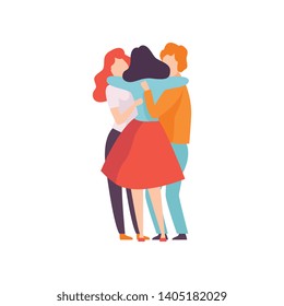 Group of Happy Young Male and Female Embracing Each Other, People Celebrating Event, Best Friends, Friendship Concept Vector Illustration