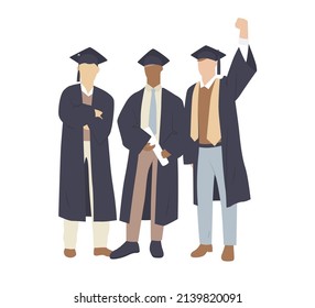 A group of happy young male students in academic gowns or dresses and academic caps. High school graduation. Flat vector illustration isolated on white background