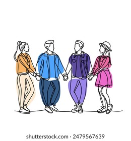 group of happy young men with colorful clothes. A vector illustration of four people holding hands, drawn in a continuous line style with colorful accents. Holiday youth day
